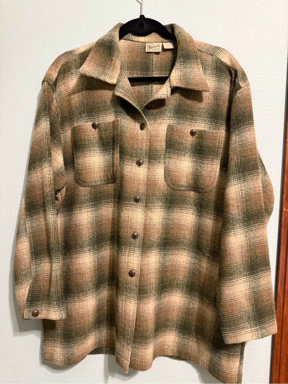 Vintage Woolrich Shadow Plaid Shacket Women's L Green Beige Wool Nylon